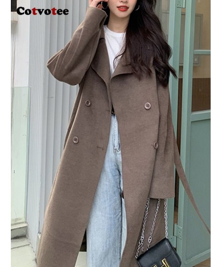 Wool Coat for Women Loose Belt Double Breasted Turn Down Collar 2022 New Fashion Elegant Office Ladies Long Women Coat $85.71...