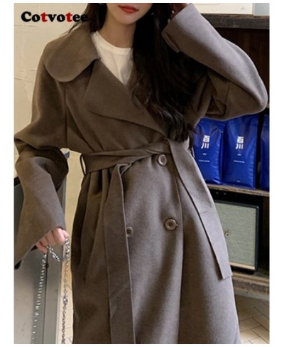 Wool Coat for Women Loose Belt Double Breasted Turn Down Collar 2022 New Fashion Elegant Office Ladies Long Women Coat $85.71...