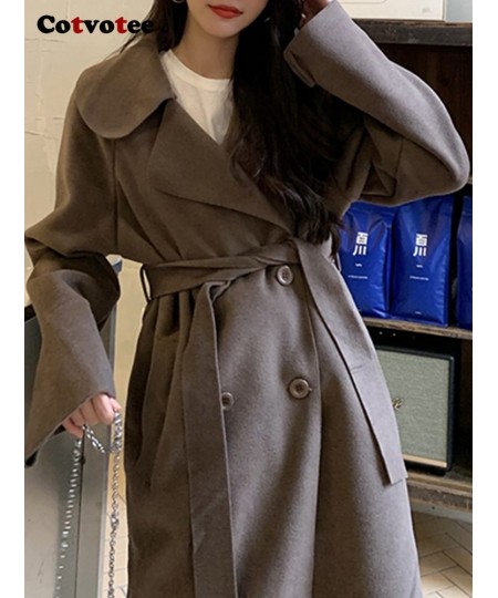 Wool Coat for Women Loose Belt Double Breasted Turn Down Collar 2022 New Fashion Elegant Office Ladies Long Women Coat $85.71...