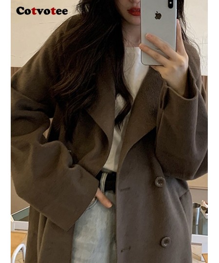 Wool Coat for Women Loose Belt Double Breasted Turn Down Collar 2022 New Fashion Elegant Office Ladies Long Women Coat $85.71...