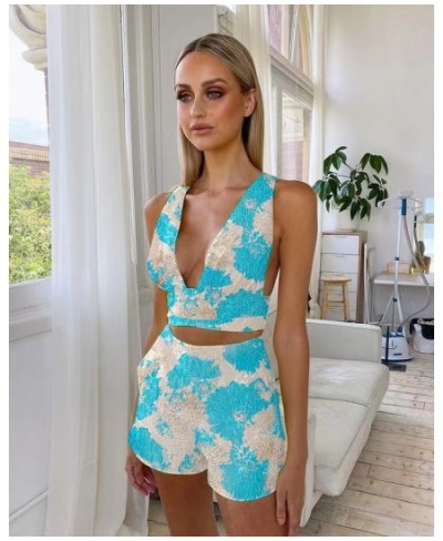 2022 New Fashion Women's Sexy V Neck Spaghetti Strap Backless Top Mini Shorts Two Pieces Set Elegant Party Club $72.08 - Suit...