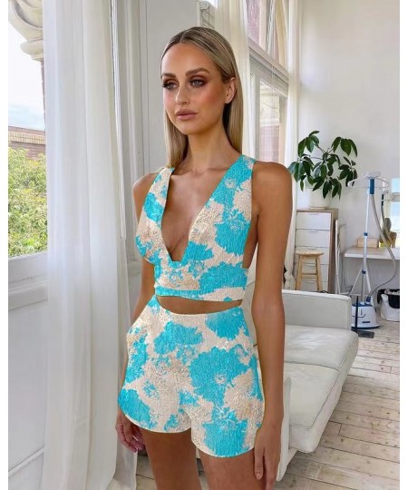 2022 New Fashion Women's Sexy V Neck Spaghetti Strap Backless Top Mini Shorts Two Pieces Set Elegant Party Club $72.08 - Suit...