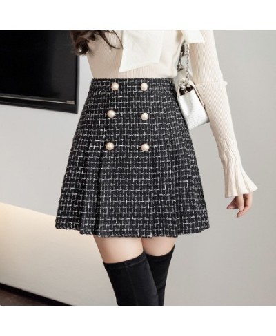 Pearls Buttons Plaid Tweed Mini Skirts Women High Waist Vintage Plaid Woolen Skirt Pleated Shorts Skirt Zipper Harajuku M192 ...