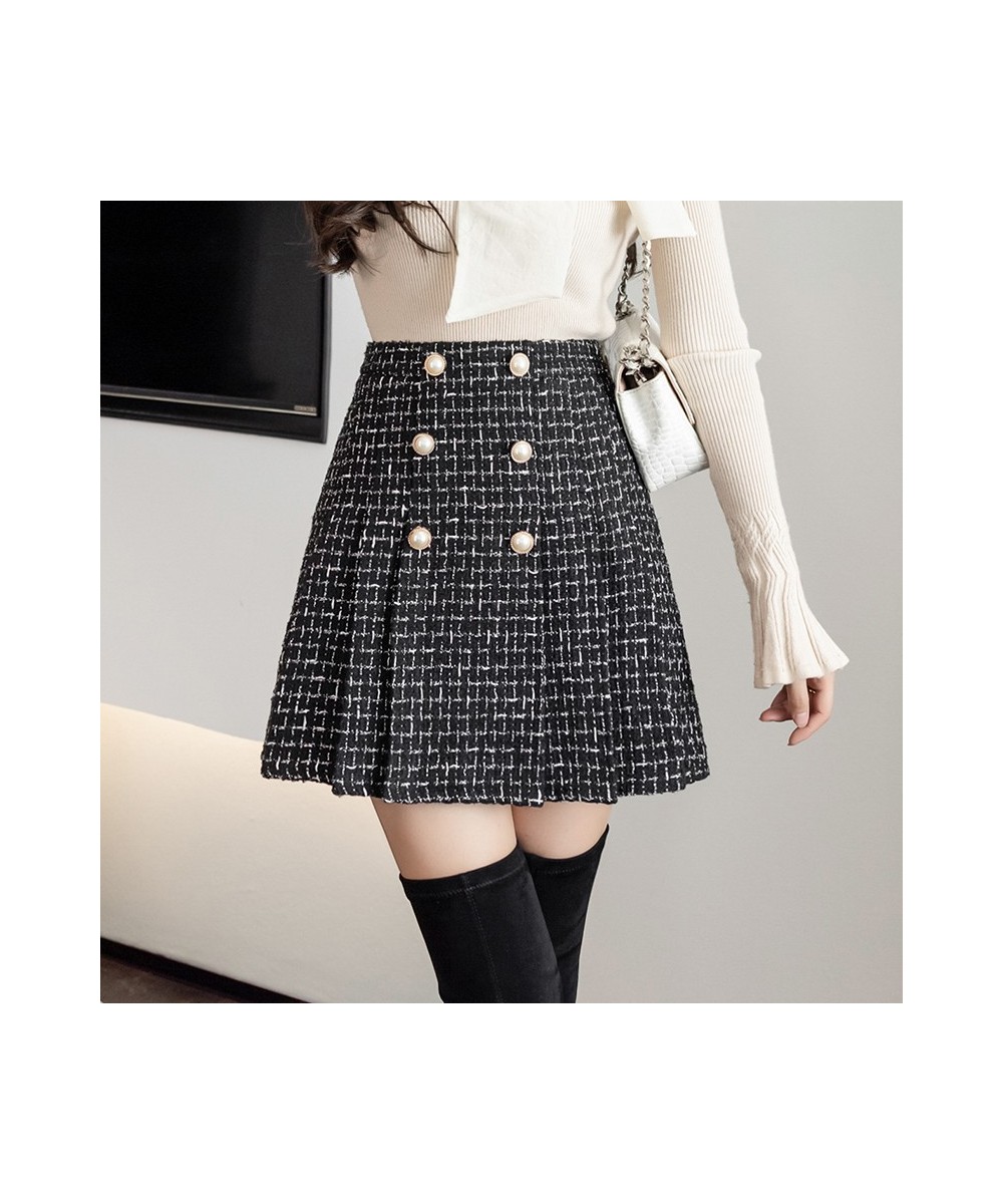 Pearls Buttons Plaid Tweed Mini Skirts Women High Waist Vintage Plaid Woolen Skirt Pleated Shorts Skirt Zipper Harajuku M192 ...