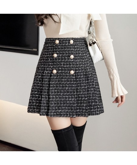 Pearls Buttons Plaid Tweed Mini Skirts Women High Waist Vintage Plaid Woolen Skirt Pleated Shorts Skirt Zipper Harajuku M192 ...