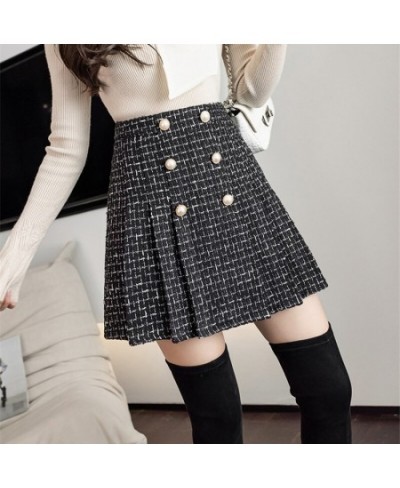 Pearls Buttons Plaid Tweed Mini Skirts Women High Waist Vintage Plaid Woolen Skirt Pleated Shorts Skirt Zipper Harajuku M192 ...