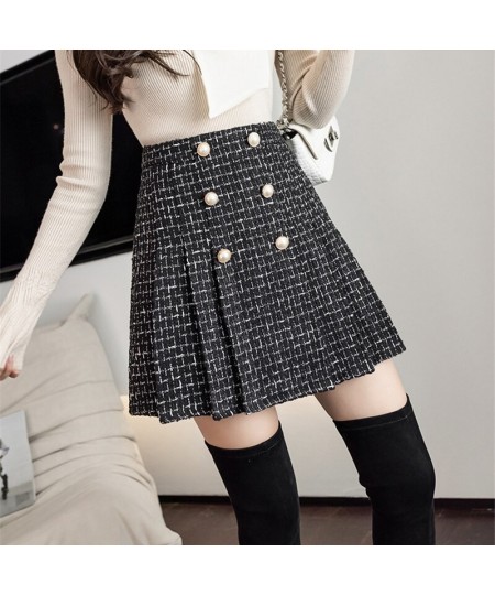 Pearls Buttons Plaid Tweed Mini Skirts Women High Waist Vintage Plaid Woolen Skirt Pleated Shorts Skirt Zipper Harajuku M192 ...