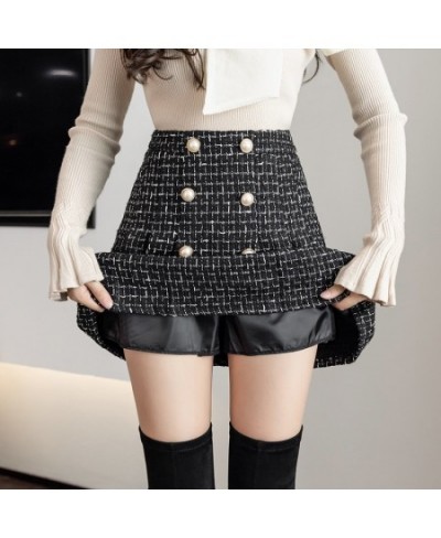 Pearls Buttons Plaid Tweed Mini Skirts Women High Waist Vintage Plaid Woolen Skirt Pleated Shorts Skirt Zipper Harajuku M192 ...