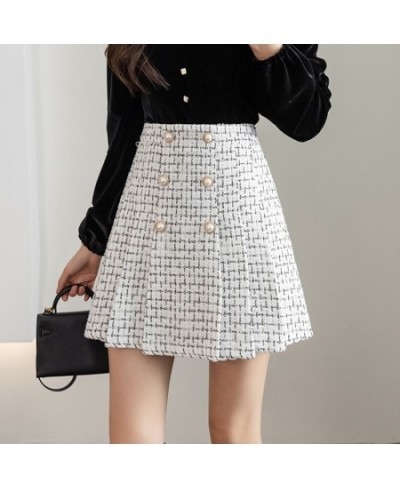 Pearls Buttons Plaid Tweed Mini Skirts Women High Waist Vintage Plaid Woolen Skirt Pleated Shorts Skirt Zipper Harajuku M192 ...