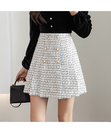 Pearls Buttons Plaid Tweed Mini Skirts Women High Waist Vintage Plaid Woolen Skirt Pleated Shorts Skirt Zipper Harajuku M192 ...