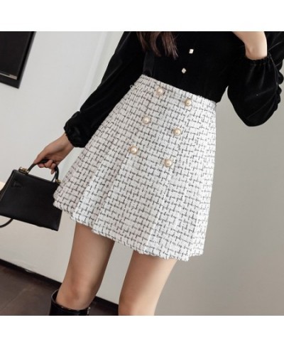 Pearls Buttons Plaid Tweed Mini Skirts Women High Waist Vintage Plaid Woolen Skirt Pleated Shorts Skirt Zipper Harajuku M192 ...