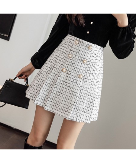 Pearls Buttons Plaid Tweed Mini Skirts Women High Waist Vintage Plaid Woolen Skirt Pleated Shorts Skirt Zipper Harajuku M192 ...