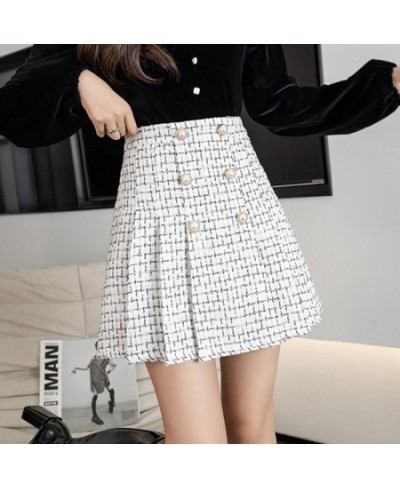 Pearls Buttons Plaid Tweed Mini Skirts Women High Waist Vintage Plaid Woolen Skirt Pleated Shorts Skirt Zipper Harajuku M192 ...