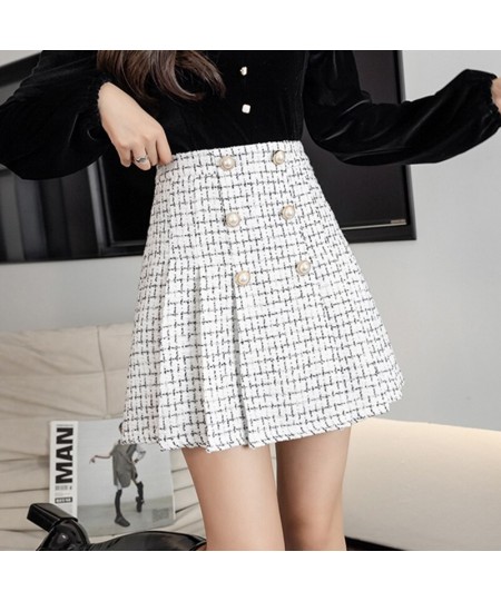 Pearls Buttons Plaid Tweed Mini Skirts Women High Waist Vintage Plaid Woolen Skirt Pleated Shorts Skirt Zipper Harajuku M192 ...