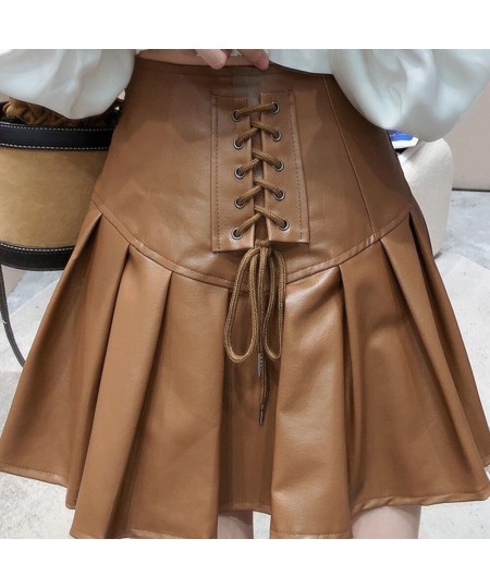 Sexy Hot Girl Lace-up Short Skirt Ladies Autumn Winter High Waist PU Leather Skirts For Womens Fashion Pleated A-line Skirt $...