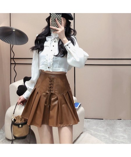 Sexy Hot Girl Lace-up Short Skirt Ladies Autumn Winter High Waist PU Leather Skirts For Womens Fashion Pleated A-line Skirt $...