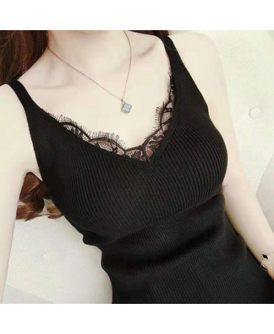 Women Hook Flower Lace Tank Solid Stitching V-neck Camis Female Knitted Short Slim Sleeveless Shirt Tank Casual Tops $29.32 -...