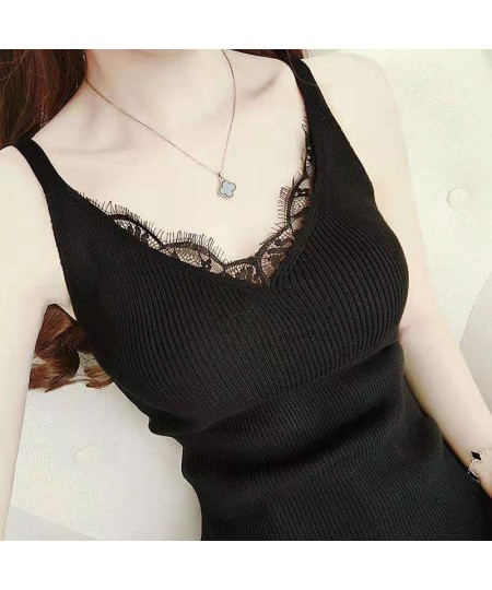 Women Hook Flower Lace Tank Solid Stitching V-neck Camis Female Knitted Short Slim Sleeveless Shirt Tank Casual Tops $29.32 -...