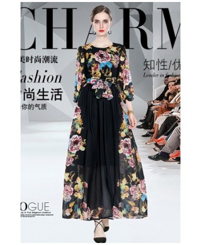 Black Floral Maxi Dresses 2022 New Long Sleeve Lacing Chiffon Long Printed Dress Bohemian O-Neck Summer Chiffon Beach Dresses...