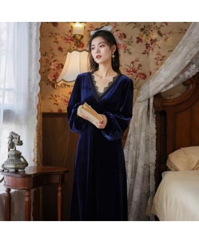 Palace Style Golden Velvet Nightdress V Neck Embroidery Hollow Out Designer Lantern Sleeve Long Nightgown Dress Retro Sleepwe...