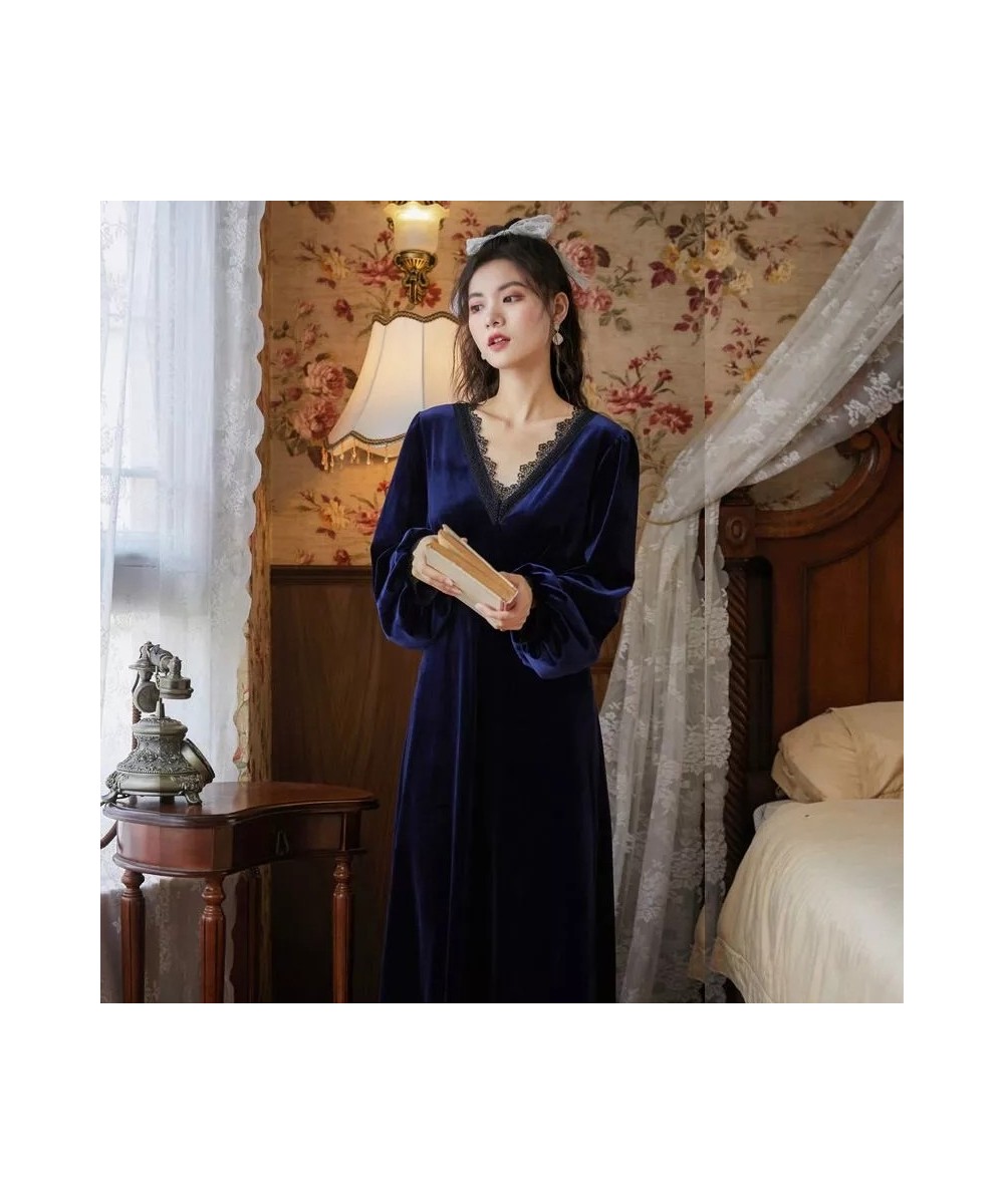 Palace Style Golden Velvet Nightdress V Neck Embroidery Hollow Out Designer Lantern Sleeve Long Nightgown Dress Retro Sleepwe...