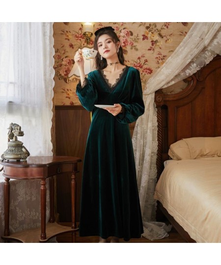 Palace Style Golden Velvet Nightdress V Neck Embroidery Hollow Out Designer Lantern Sleeve Long Nightgown Dress Retro Sleepwe...