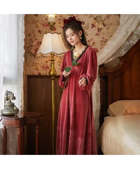 Palace Style Golden Velvet Nightdress V Neck Embroidery Hollow Out Designer Lantern Sleeve Long Nightgown Dress Retro Sleepwe...