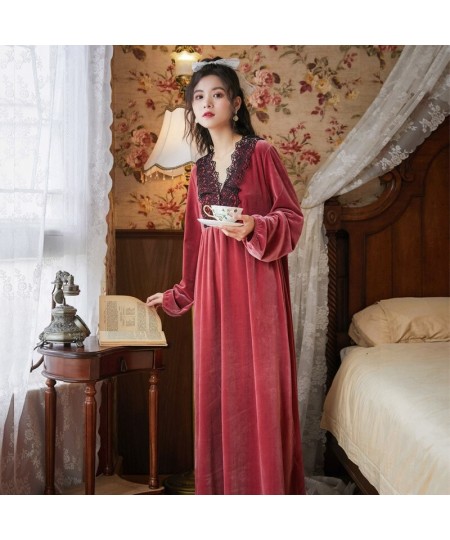 Palace Style Golden Velvet Nightdress V Neck Embroidery Hollow Out Designer Lantern Sleeve Long Nightgown Dress Retro Sleepwe...