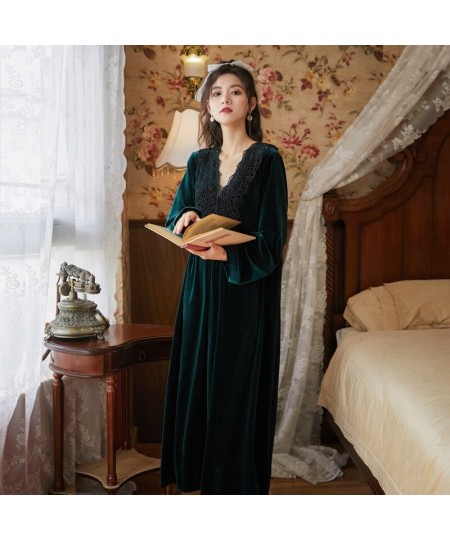 Palace Style Golden Velvet Nightdress V Neck Embroidery Hollow Out Designer Lantern Sleeve Long Nightgown Dress Retro Sleepwe...