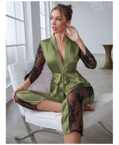 Women's Silk Satin Pajamas Set 2 Pcs PJ Cut Out Lace Sleepwear Silky Nightwear with Robe and Pant $40.04 - Sleepwears