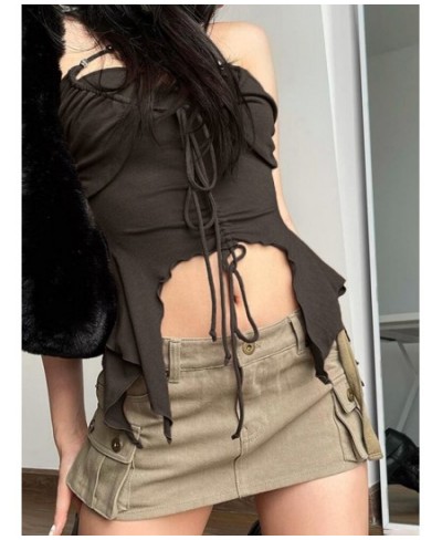 Vintage Y2K Halter Neck Brown Skinny Camisole Women Tops Harajuku Drawstring Irregular Summer Crop Top Lace Up Short $29.81 -...