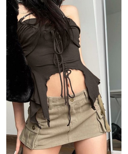 Vintage Y2K Halter Neck Brown Skinny Camisole Women Tops Harajuku Drawstring Irregular Summer Crop Top Lace Up Short $29.81 -...