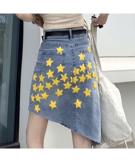 2023 Spring Summer Irregular Denim Skirt Women Fashion Streetwear High Waist Loose Star Print A-line Skirts Mujer $43.46 - Sk...