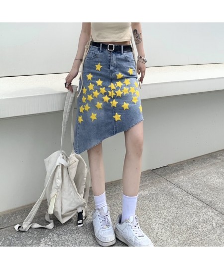 2023 Spring Summer Irregular Denim Skirt Women Fashion Streetwear High Waist Loose Star Print A-line Skirts Mujer $43.46 - Sk...