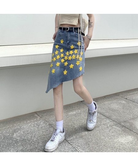 2023 Spring Summer Irregular Denim Skirt Women Fashion Streetwear High Waist Loose Star Print A-line Skirts Mujer $43.46 - Sk...