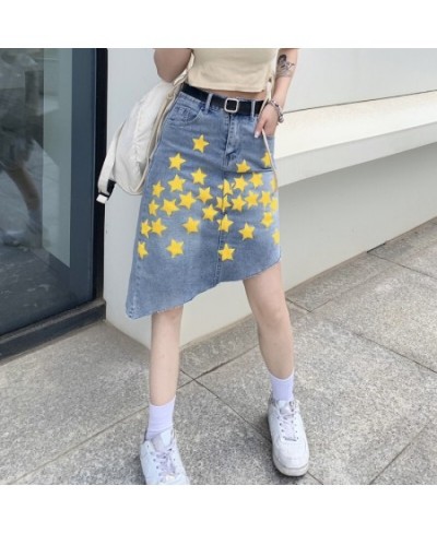 2023 Spring Summer Irregular Denim Skirt Women Fashion Streetwear High Waist Loose Star Print A-line Skirts Mujer $43.46 - Sk...