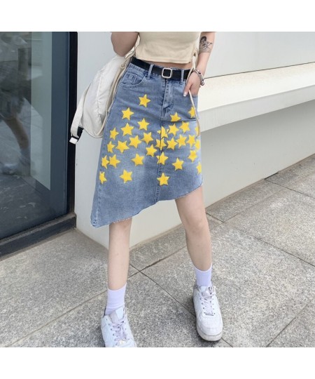 2023 Spring Summer Irregular Denim Skirt Women Fashion Streetwear High Waist Loose Star Print A-line Skirts Mujer $43.46 - Sk...