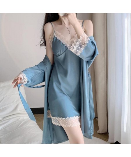 Twinset Robe Set Lace Nightgown Sexy Women Kimono Gown Suit Sleepwear Set Summer Female Nightwear Rayon Bathrobe Home Dress $...