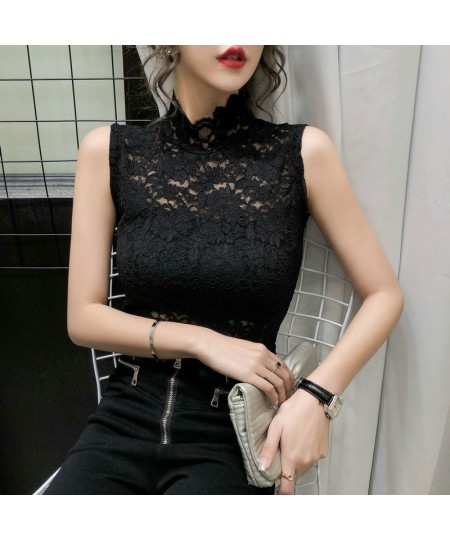 Summer 2023 Fashion Blouse Stand Collar Lace Bottomed T Shirt Women Sleeveless Top Vest Inside And Outside Wear $14.80 - Tops...