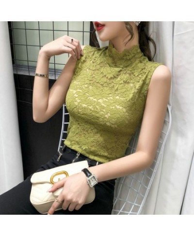 Summer 2023 Fashion Blouse Stand Collar Lace Bottomed T Shirt Women Sleeveless Top Vest Inside And Outside Wear $14.80 - Tops...