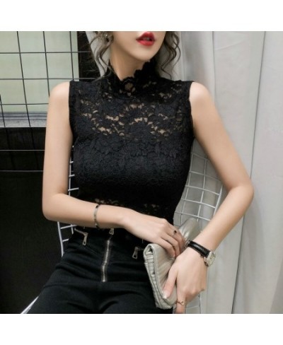 Summer 2023 Fashion Blouse Stand Collar Lace Bottomed T Shirt Women Sleeveless Top Vest Inside And Outside Wear $14.80 - Tops...