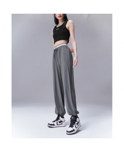 Women Pants 2023 Summer Drawstring Elastic Waist Straight Loose Trousers Gray Comfort Casual All Match Long Pants $56.29 - Pa...