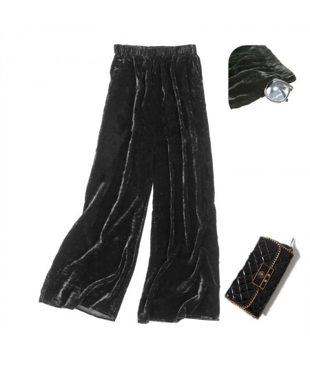 2023 Early Spring New Velvet Wide Leg Pants Mulberry Silk Elastic Waist Pocket Women's Fashion Black Casual Pants $92.56 - Pa...