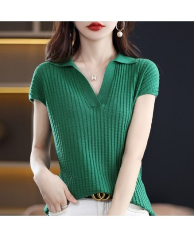 2022 Spring and Summer New Cashmere Sweater Polo collar Women's Short sleev Knitted Sweater Loose Thin Pullover Short-Sleeved...