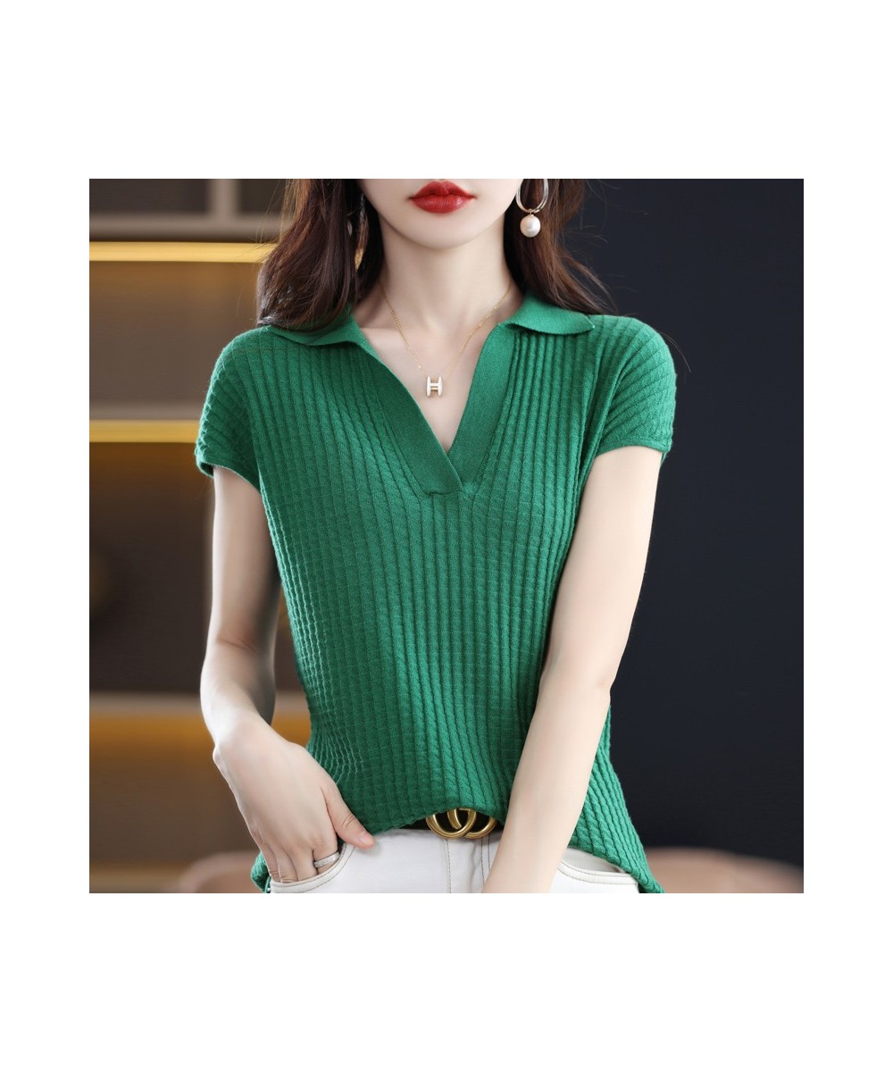 2022 Spring and Summer New Cashmere Sweater Polo collar Women's Short sleev Knitted Sweater Loose Thin Pullover Short-Sleeved...