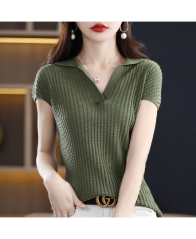 2022 Spring and Summer New Cashmere Sweater Polo collar Women's Short sleev Knitted Sweater Loose Thin Pullover Short-Sleeved...