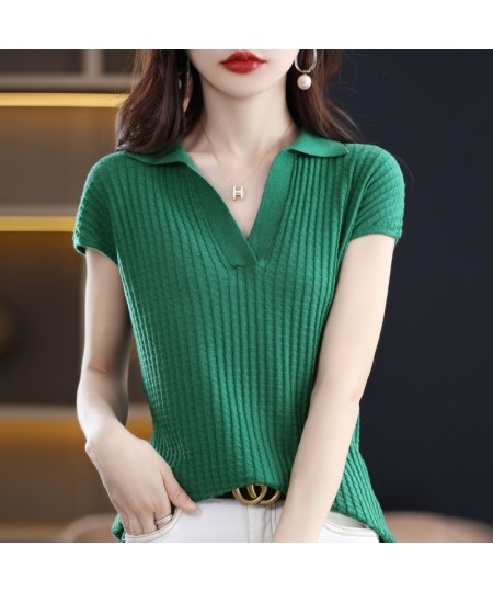 2022 Spring and Summer New Cashmere Sweater Polo collar Women's Short sleev Knitted Sweater Loose Thin Pullover Short-Sleeved...