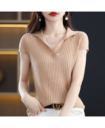 2022 Spring and Summer New Cashmere Sweater Polo collar Women's Short sleev Knitted Sweater Loose Thin Pullover Short-Sleeved...