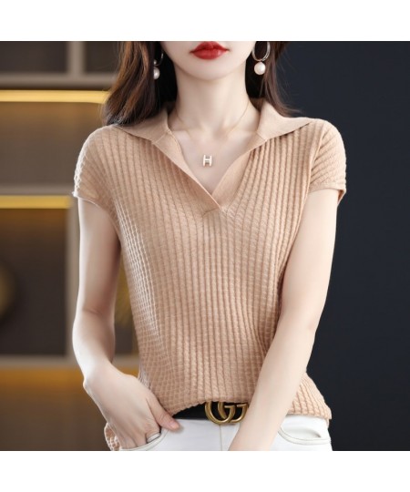 2022 Spring and Summer New Cashmere Sweater Polo collar Women's Short sleev Knitted Sweater Loose Thin Pullover Short-Sleeved...