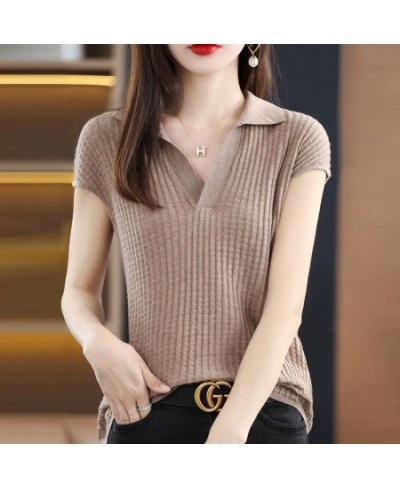 2022 Spring and Summer New Cashmere Sweater Polo collar Women's Short sleev Knitted Sweater Loose Thin Pullover Short-Sleeved...